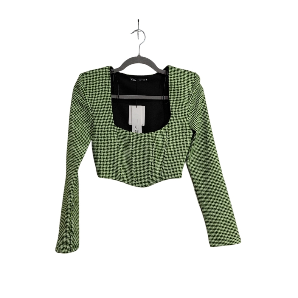 Zara Green Houndstooth Square-Neck Long Sleeve Crop Top